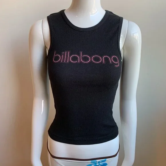 Billabong vintage surf black ribbed cotton fitted tank top - Picture 1 of 3